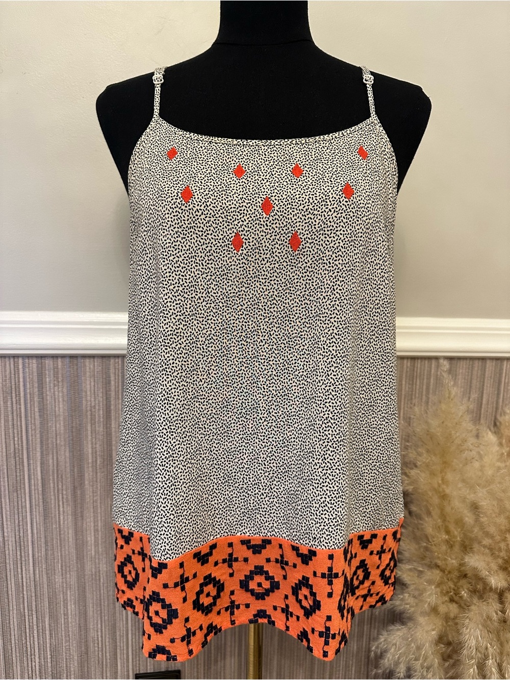THML Cami Tank Top Small Ivory Orange Boho Rayon Geometric Embroidered TM3648